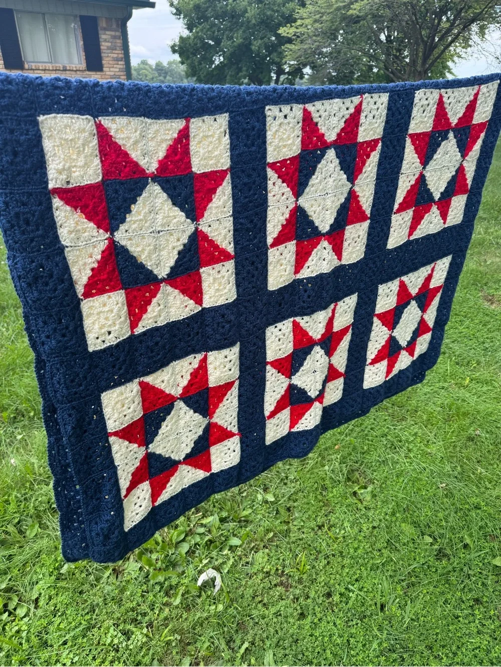 Patriotic Crochet Afghan Quilt 46”x66” Granny Square July 4th Red White Blue